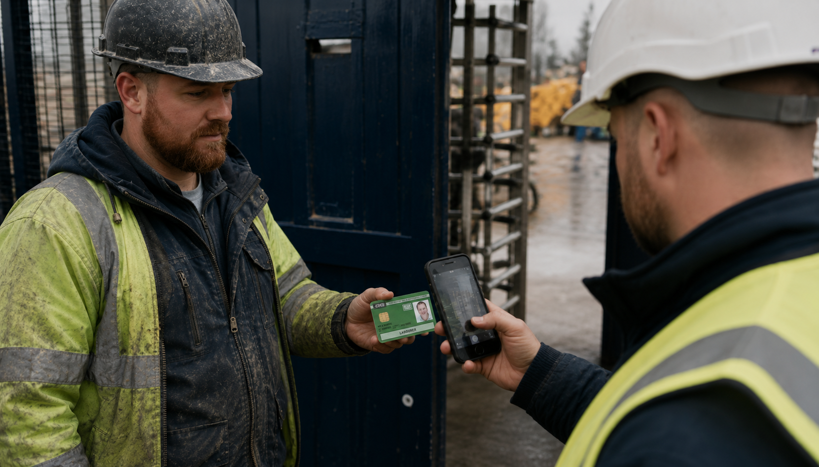 Site supervisor using a phone to check a worker's green CSCS labourer card at a UK construction site gate