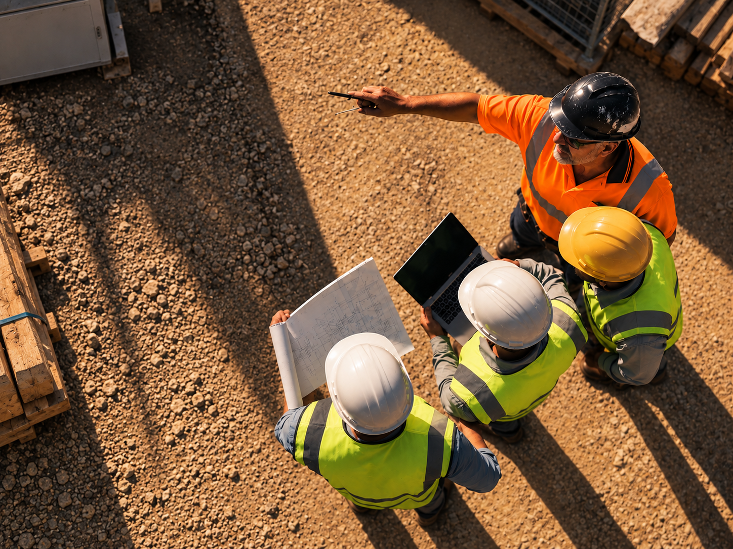 Overhead view of a site team gathered for a briefing on a construction site