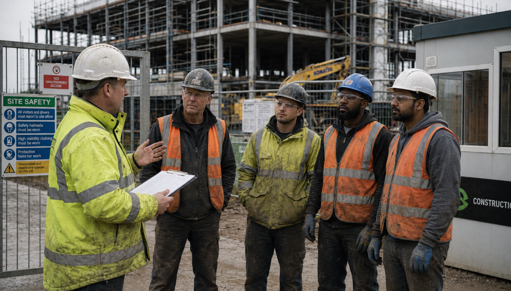 Principal contractor site manager with a clipboard briefing a group of subcontractor trades workers at a UK construction site gate