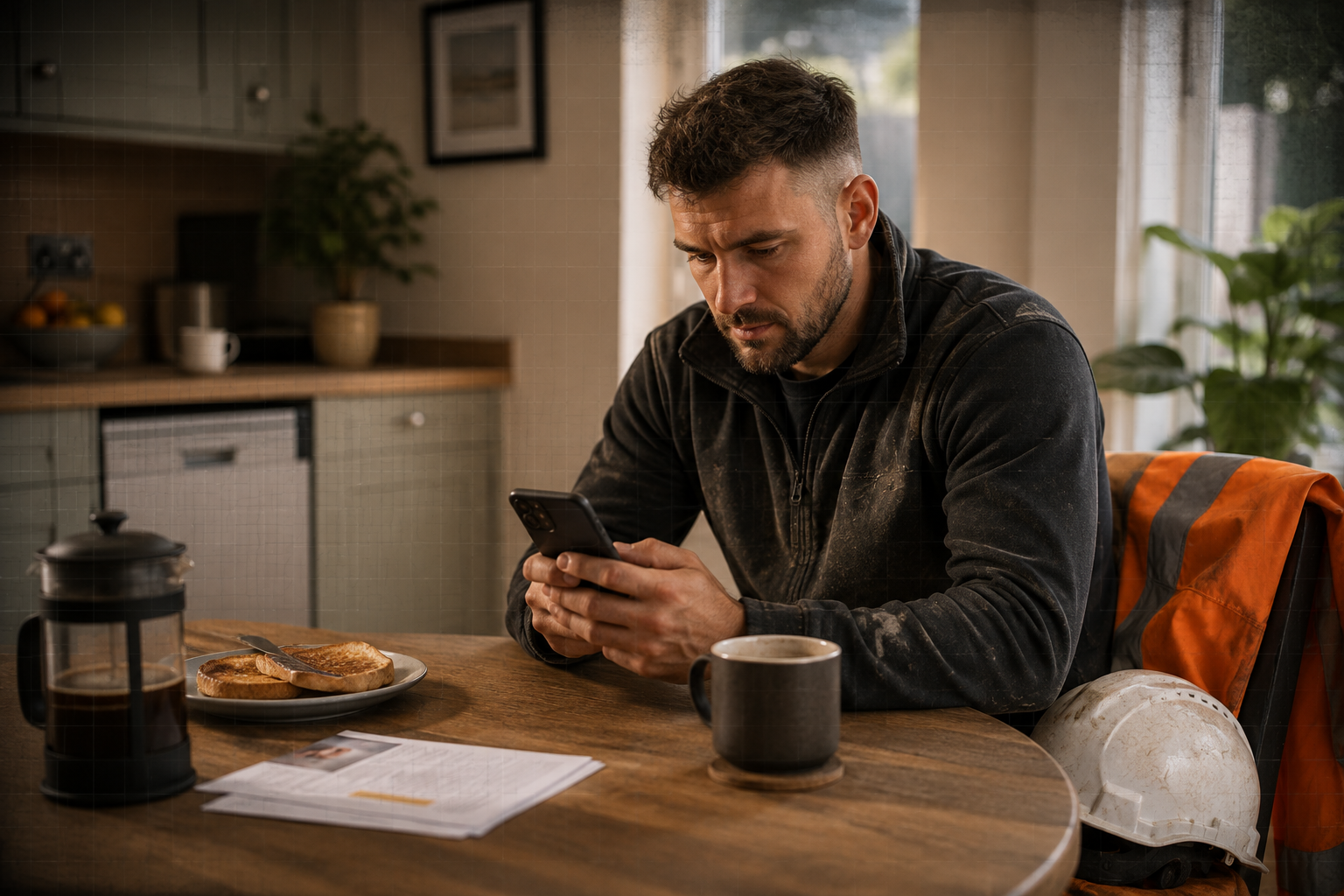 Construction worker at his kitchen table completing a digital pre-induction on his phone before leaving for site, hard hat and hi-vis beside him