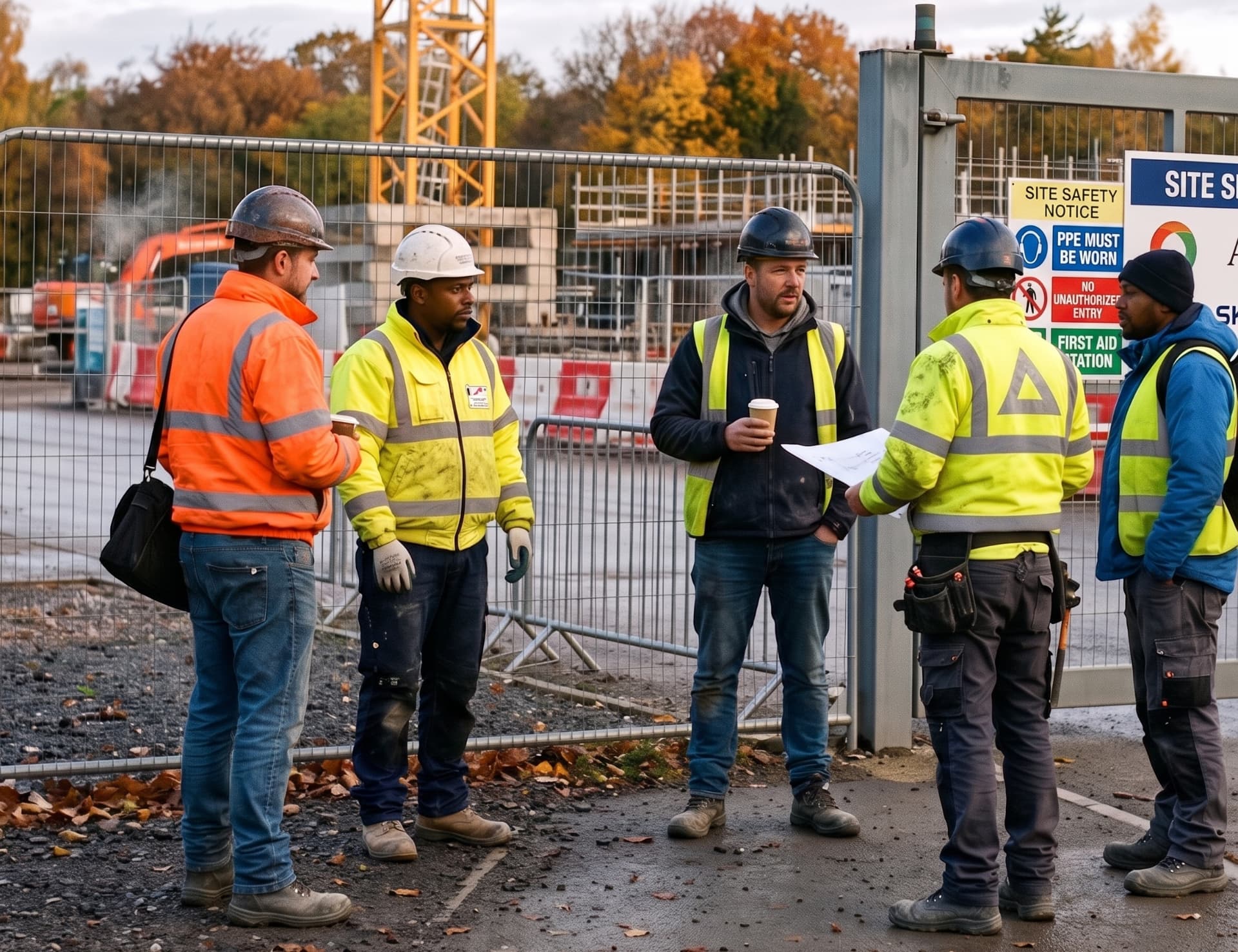 Subcontractors gathered at a UK construction site entrance beside the site safety notice board