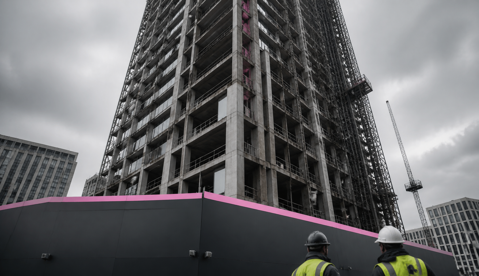 A UK high-rise residential building under construction, viewed from below, with workers in hi-vis PPE at the base