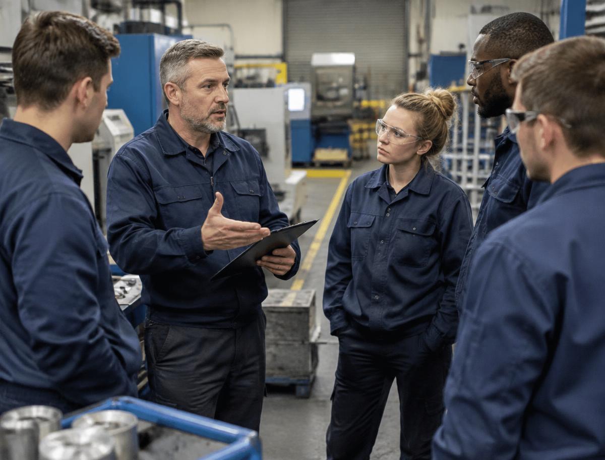 Shift supervisor briefing a production team on the shop floor