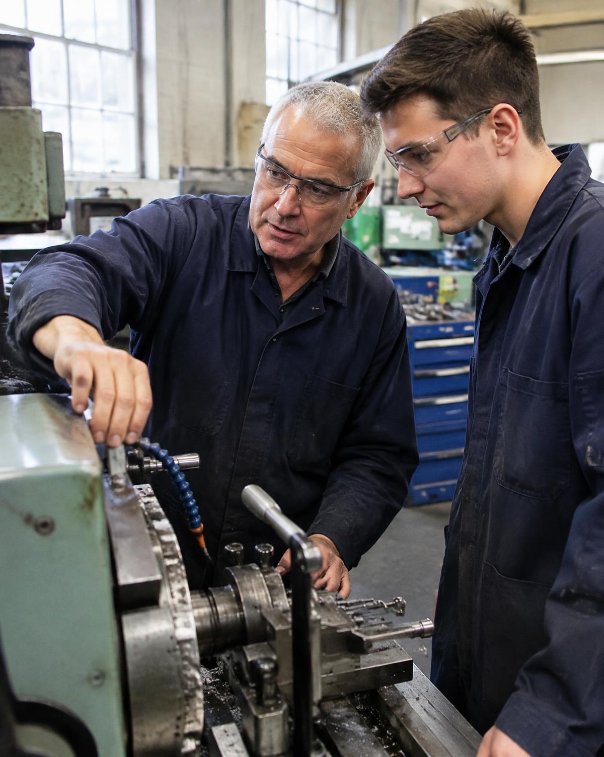 Experienced engineer showing a younger colleague how to set up a machine