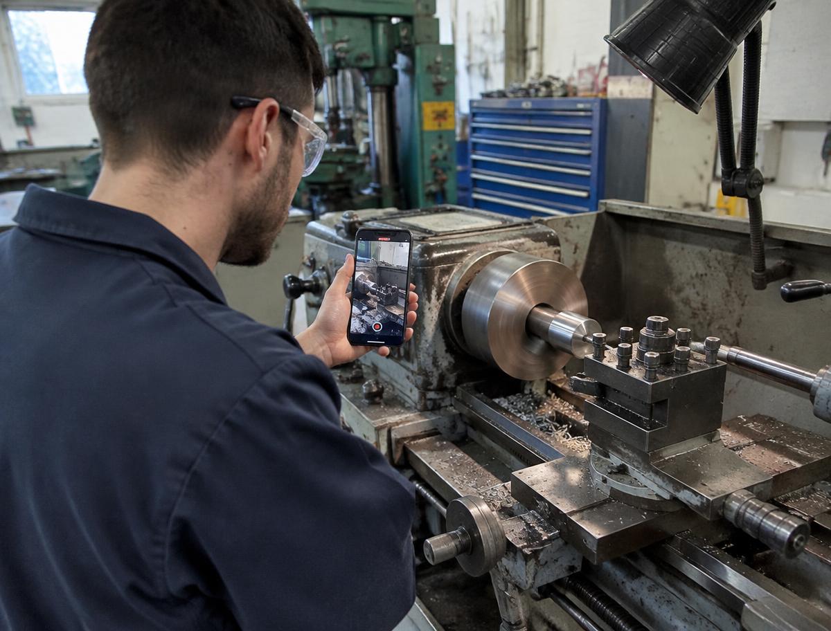 Skilled machinist recording a lathe procedure on a phone