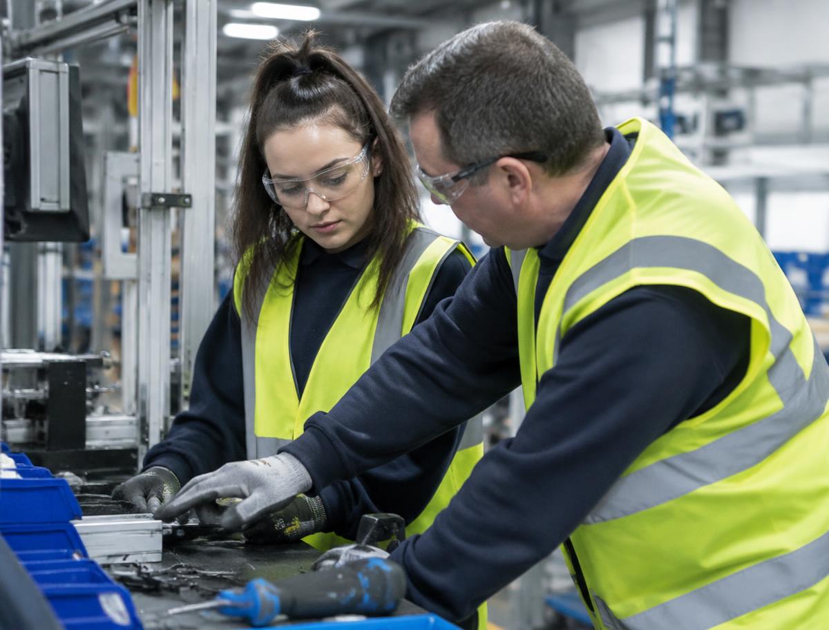 Experienced operator guiding a new starter at an assembly workstation