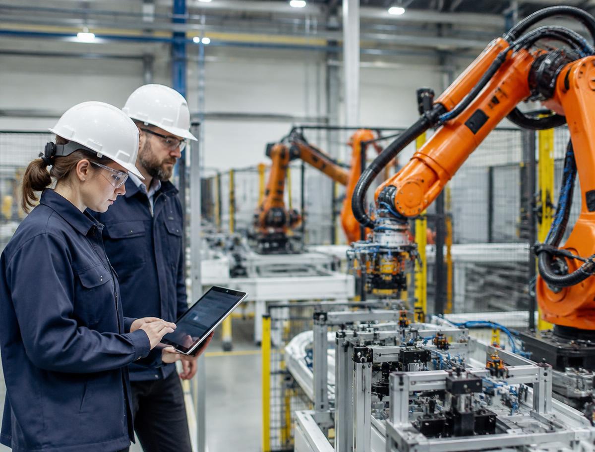 Engineers reviewing a new automated production line
